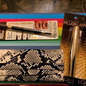 Marvy Eyeglass case  with 2 L’Oréal blackest black mascaras & Revlon brown brow